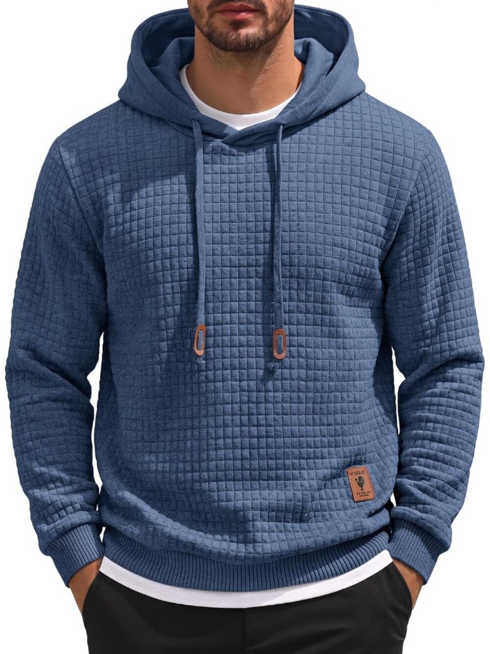 Coofandy Men's Blue Grey Long Sleeve Drawstring Waffle Knit Pullover Hoodies